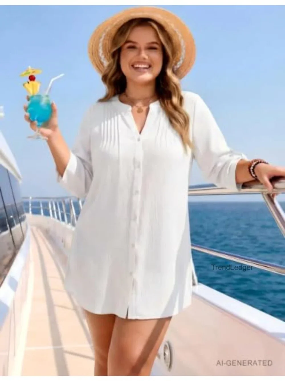 V-Neck Button Down Swimsuit Cover Up 3/4 Sleeve Side Split
